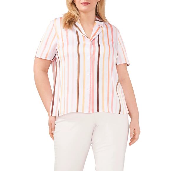 Halogen Stripe Short Sleeve Button-Up Camp Shirt Size 1X - Picture 1 of 8